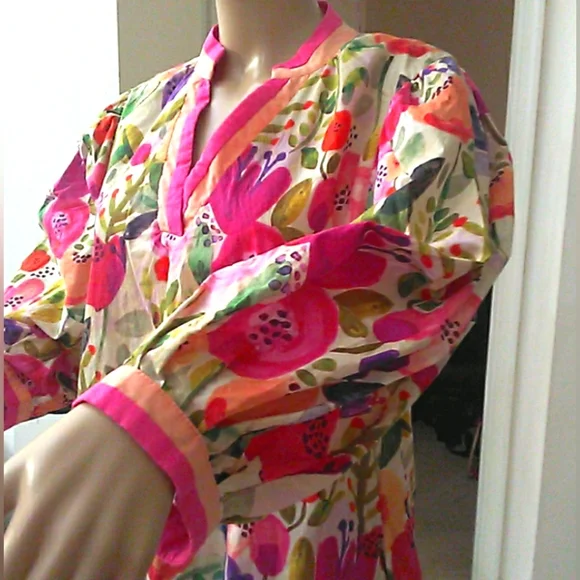 BOUTIQUE MEGA FLORAL Dress (COTTON) BRIGHT PUFF SLV. LINED BOXY SZ. LG GORGEOUS - Picture 3 of 9